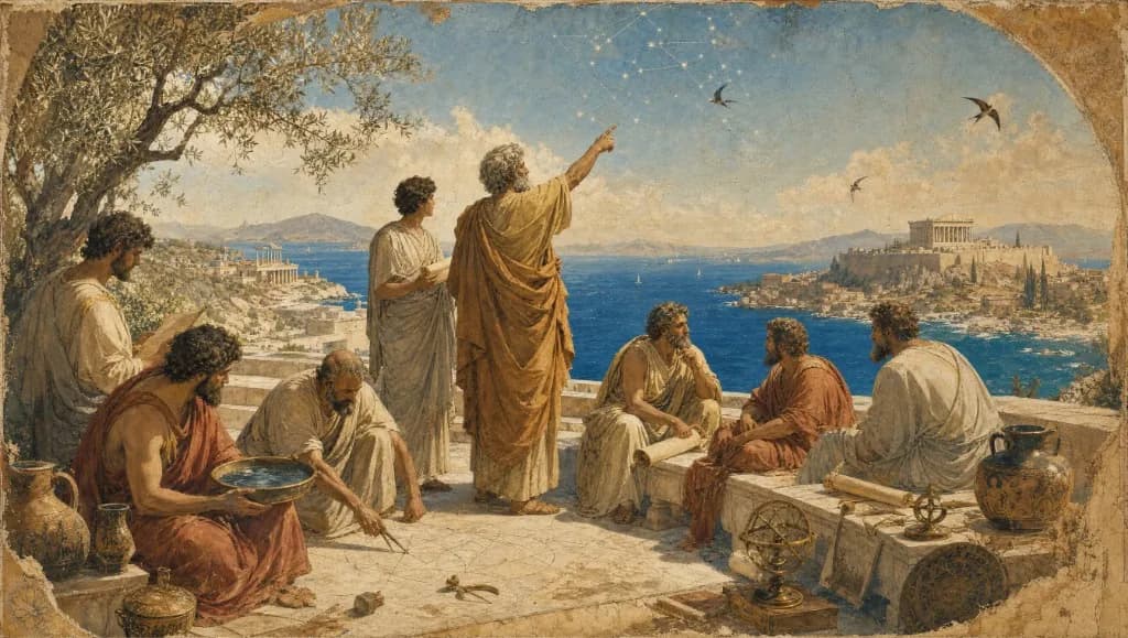 Greek philosophers gather on a sunlit Aegean terrace between Miletus and Athens, studying stars, instruments, water, and the sea.